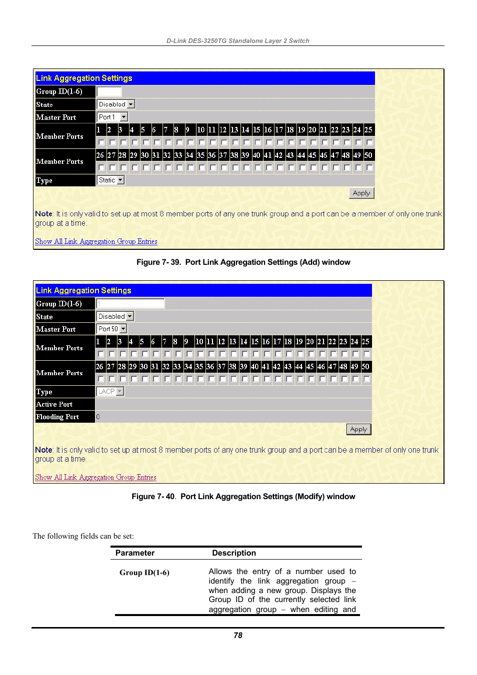 Lacp port | D-Link DES-3250TG User Manual | Page 88 / 186