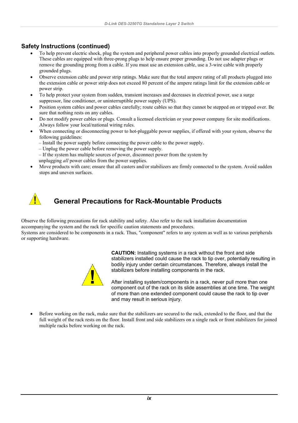 General precautions for rack-mountable products, Safety instructions (continued) | D-Link DES-3250TG User Manual | Page 9 / 186