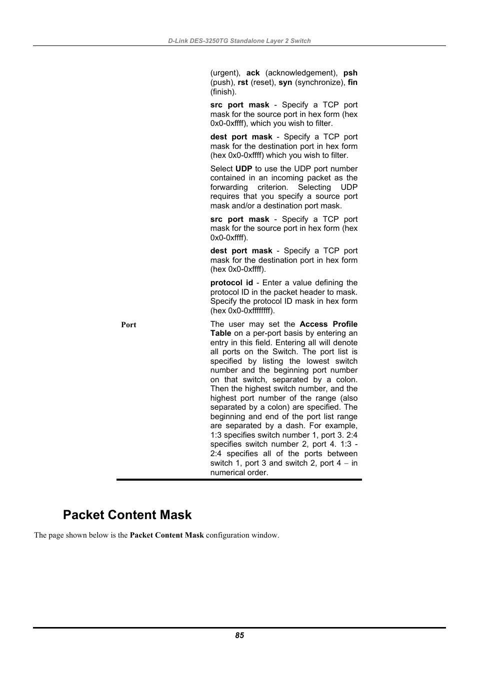 Packet content mask | D-Link DES-3250TG User Manual | Page 95 / 186