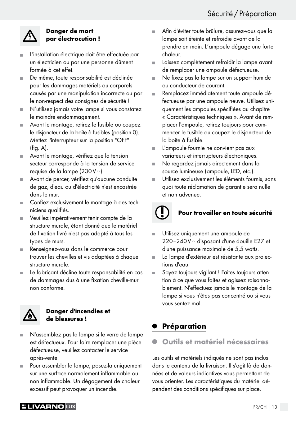 Sécurité / préparation introduction / sécurité, Préparation outils et matériel nécessaires | Livarno 9260-015L or 9260-016L or 9261-015L or 9261-016L User Manual | Page 13 / 29