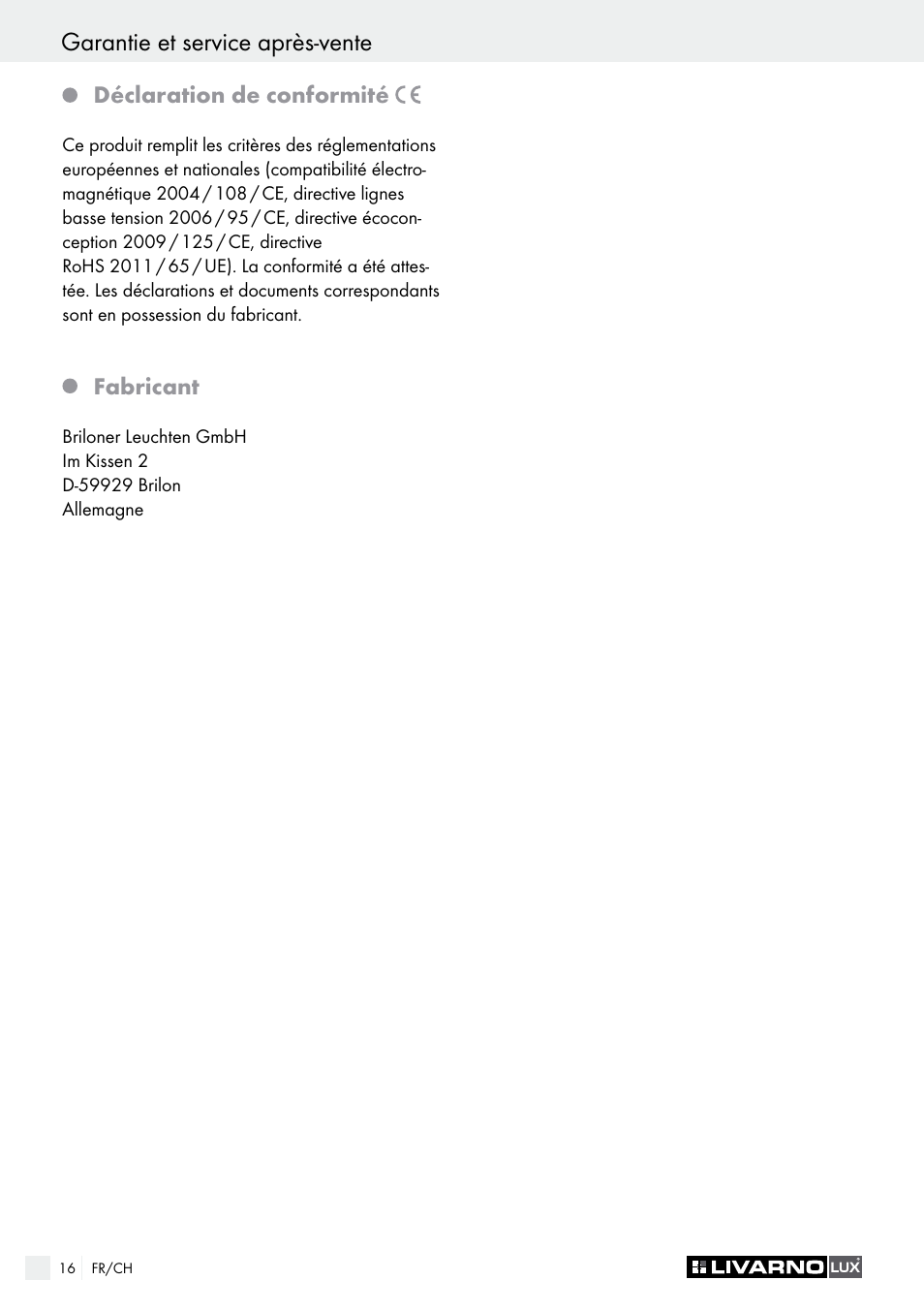 Garantie et service après-vente, Indice | Livarno 9260-015L or 9260-016L or 9261-015L or 9261-016L User Manual | Page 16 / 29