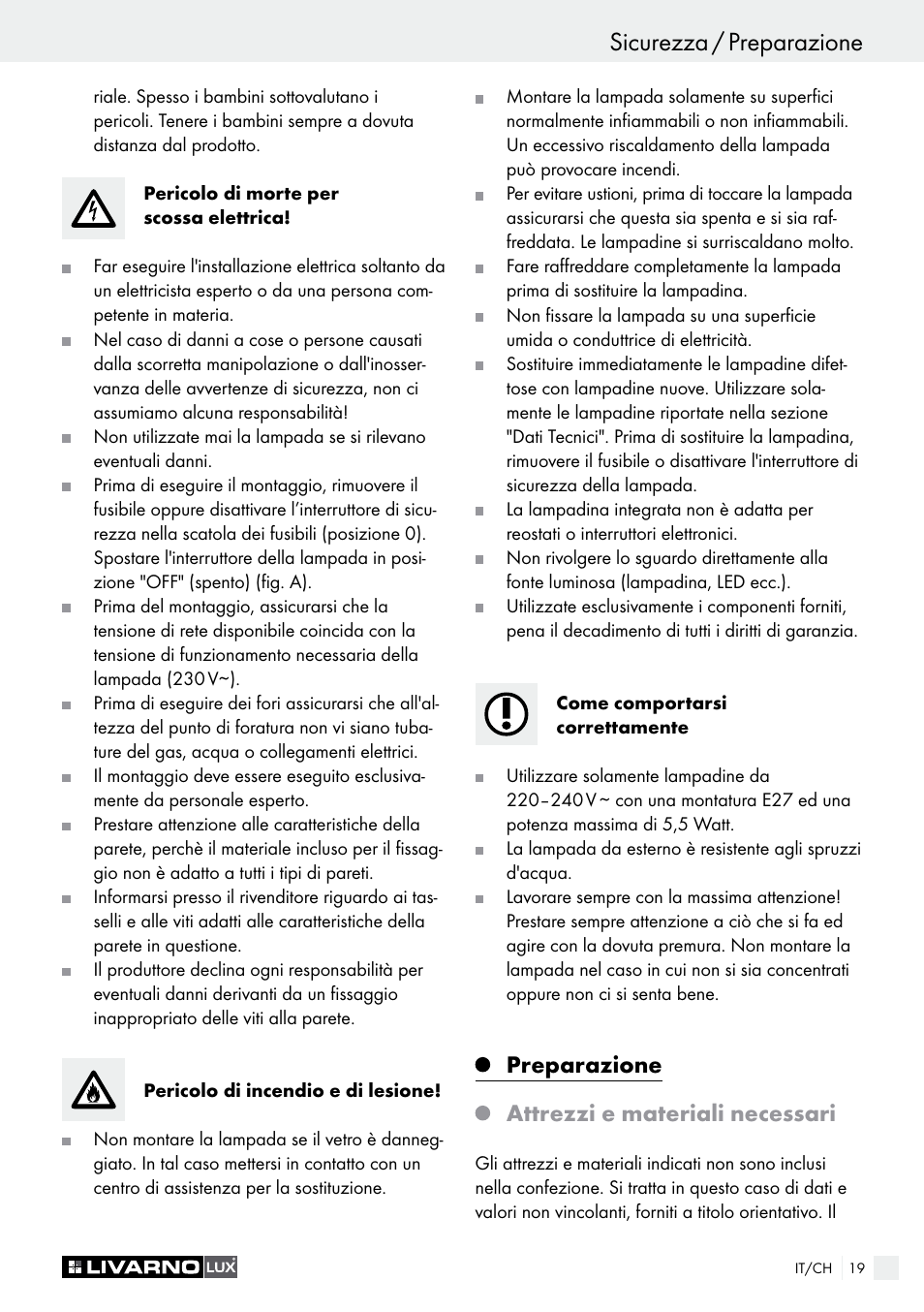 Sicurezza / preparazione introduzione / sicurezza, Preparazione attrezzi e materiali necessari | Livarno 9260-015L or 9260-016L or 9261-015L or 9261-016L User Manual | Page 19 / 29