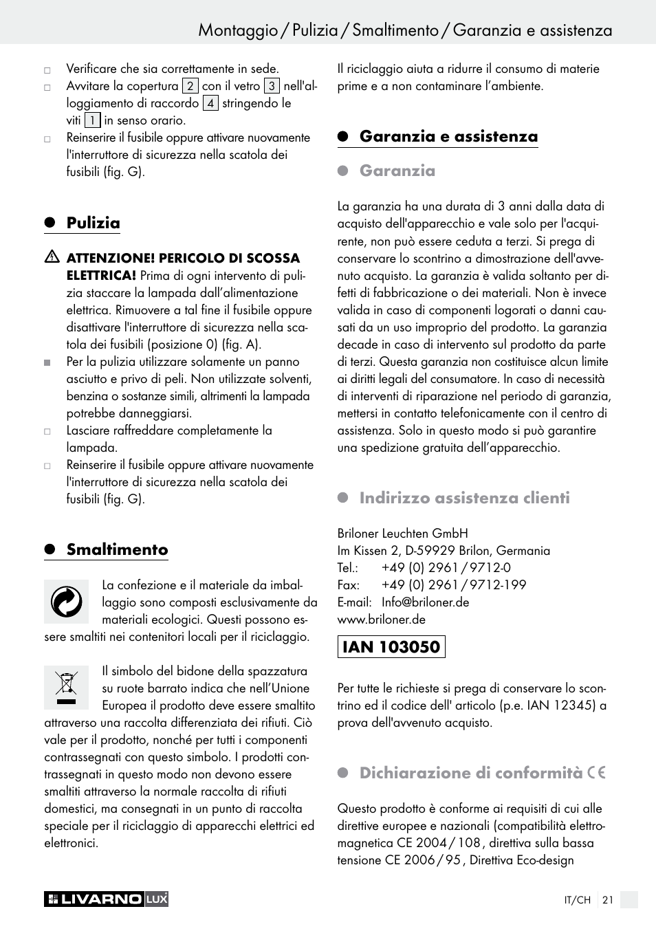 Pulizia, Smaltimento, Garanzia e assistenza garanzia | Indirizzo assistenza clienti, Dichiarazione di conformità | Livarno 9260-015L or 9260-016L or 9261-015L or 9261-016L User Manual | Page 21 / 29