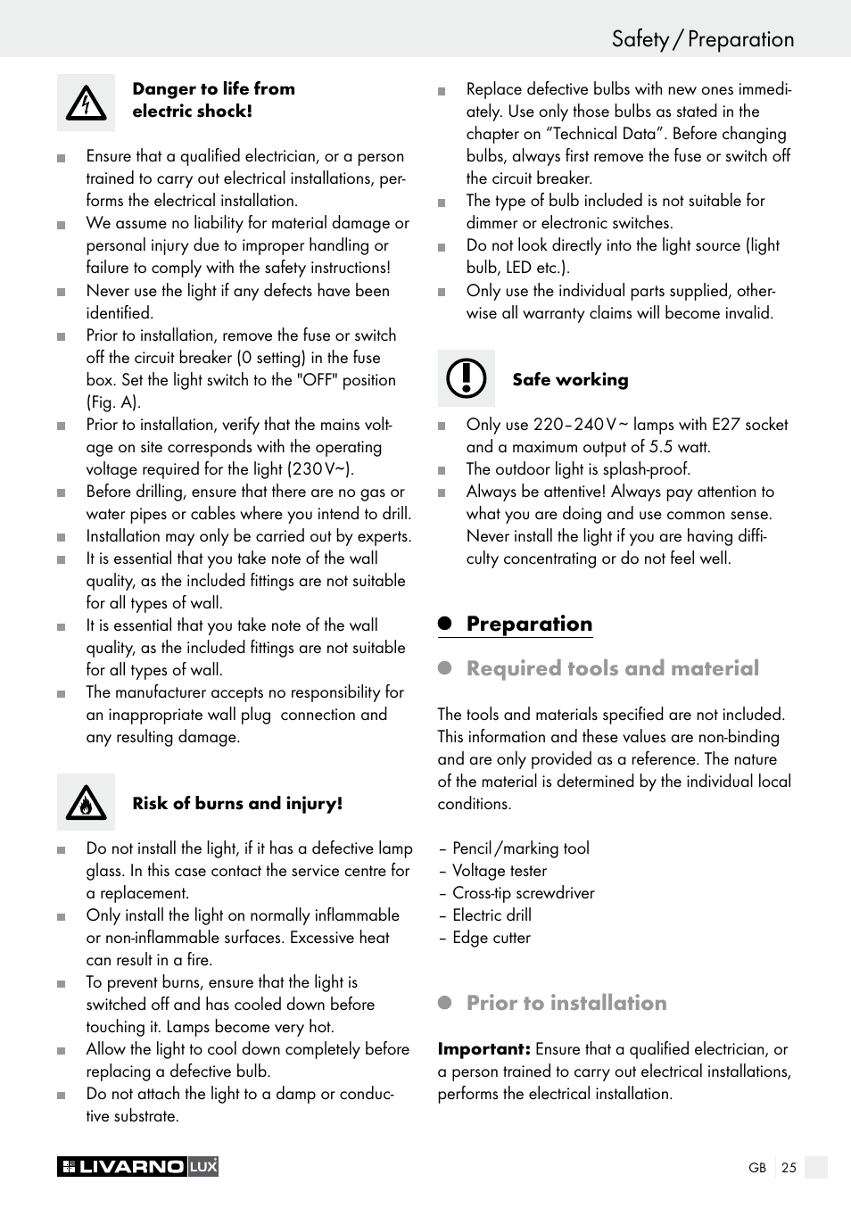 Safety / preparation introduction / safety, Preparation required tools and material, Prior to installation | Livarno 9260-015L or 9260-016L or 9261-015L or 9261-016L User Manual | Page 25 / 29