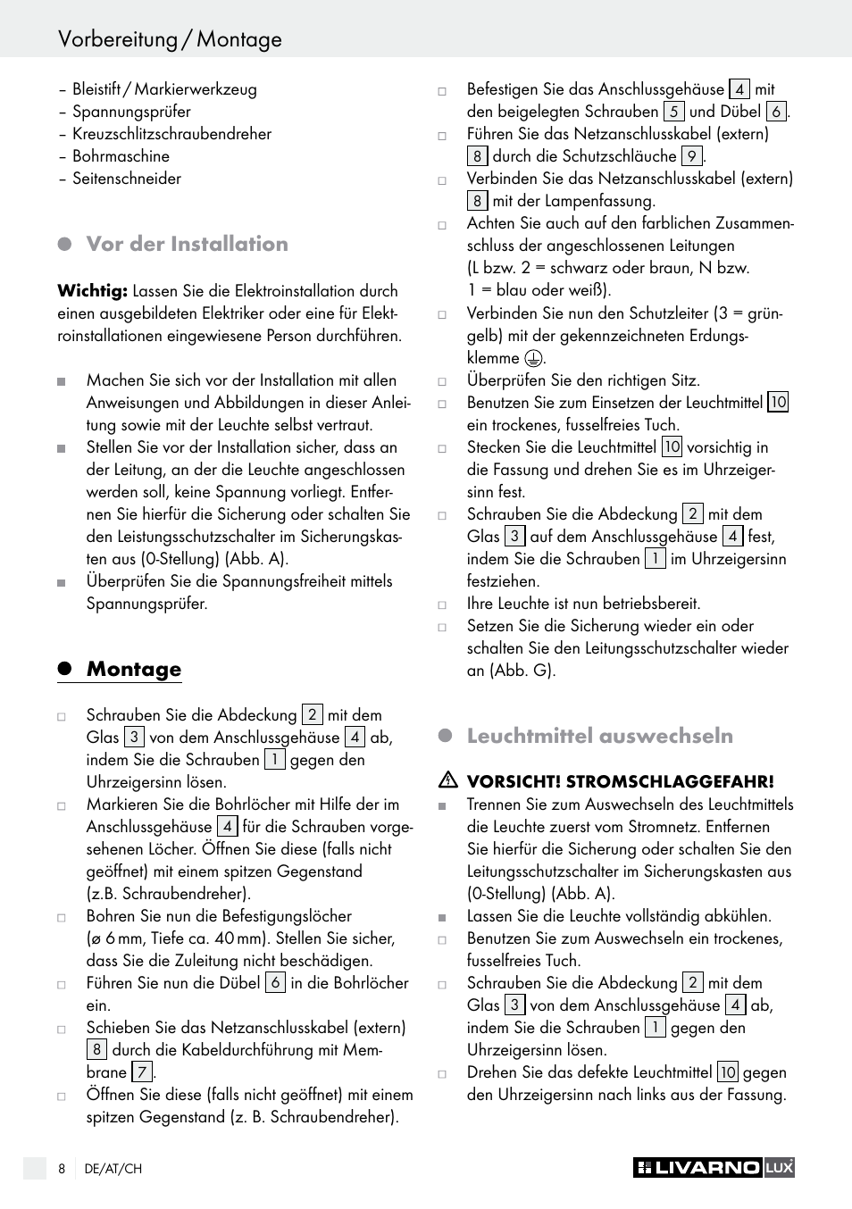 Vorbereitung / montage, Vor der installation, Montage | Leuchtmittel auswechseln | Livarno 9260-015L or 9260-016L or 9261-015L or 9261-016L User Manual | Page 8 / 29