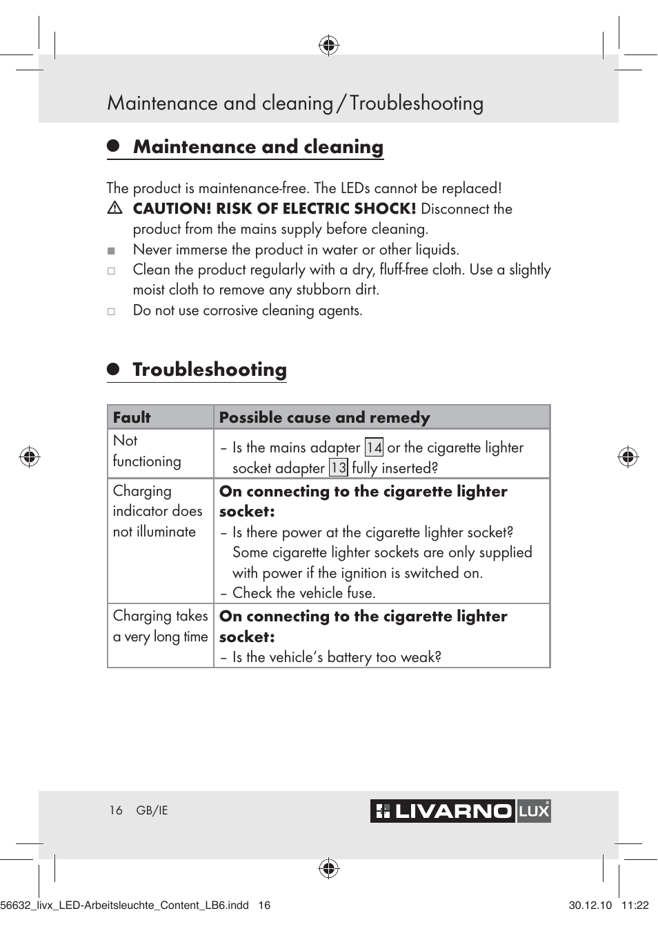 Maintenance and cleaning / troubleshooting, Maintenance and cleaning, Troubleshooting | Livarno Z30503-BS User Manual | Page 14 / 16