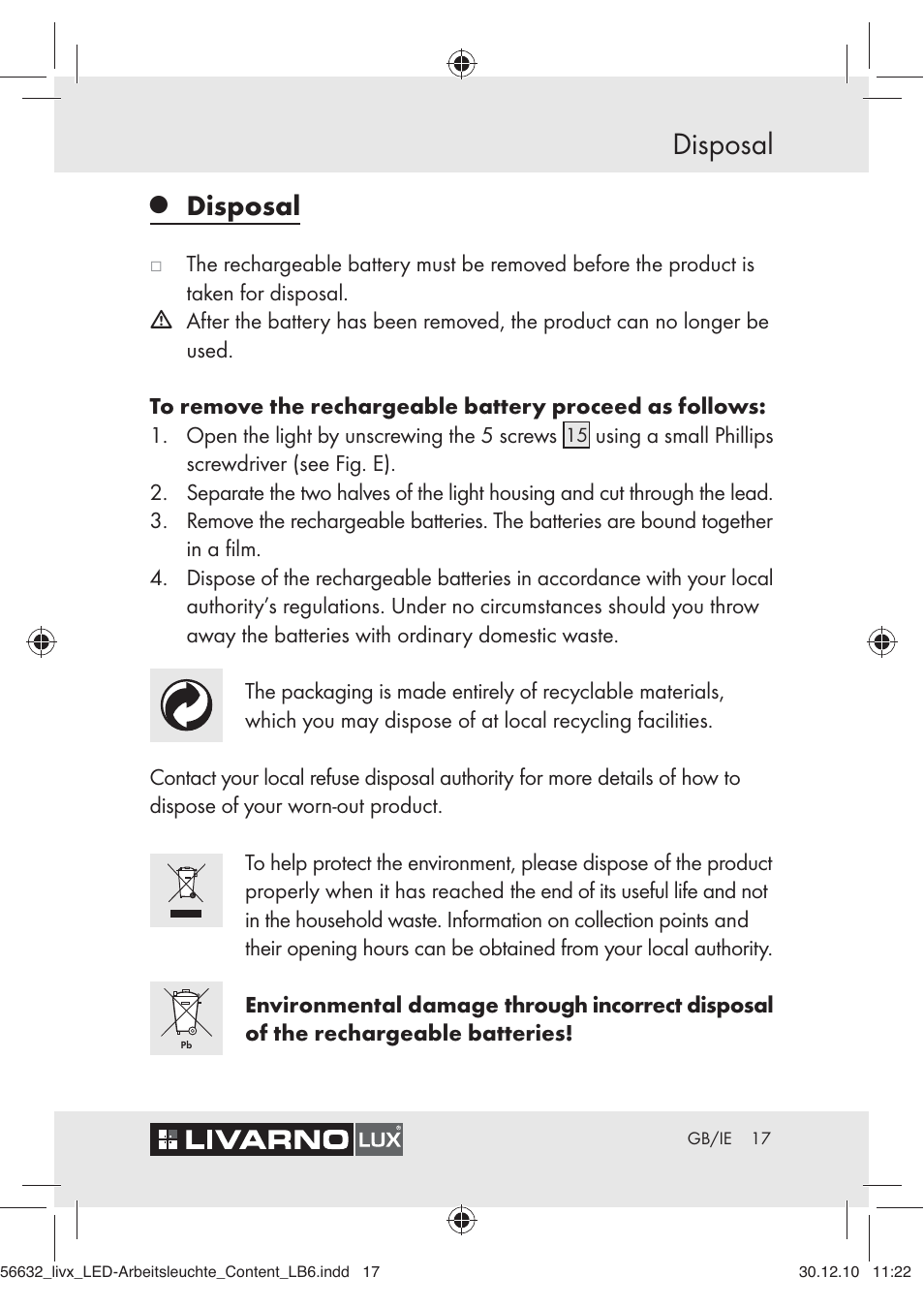 Disposal | Livarno Z30503-BS User Manual | Page 15 / 16