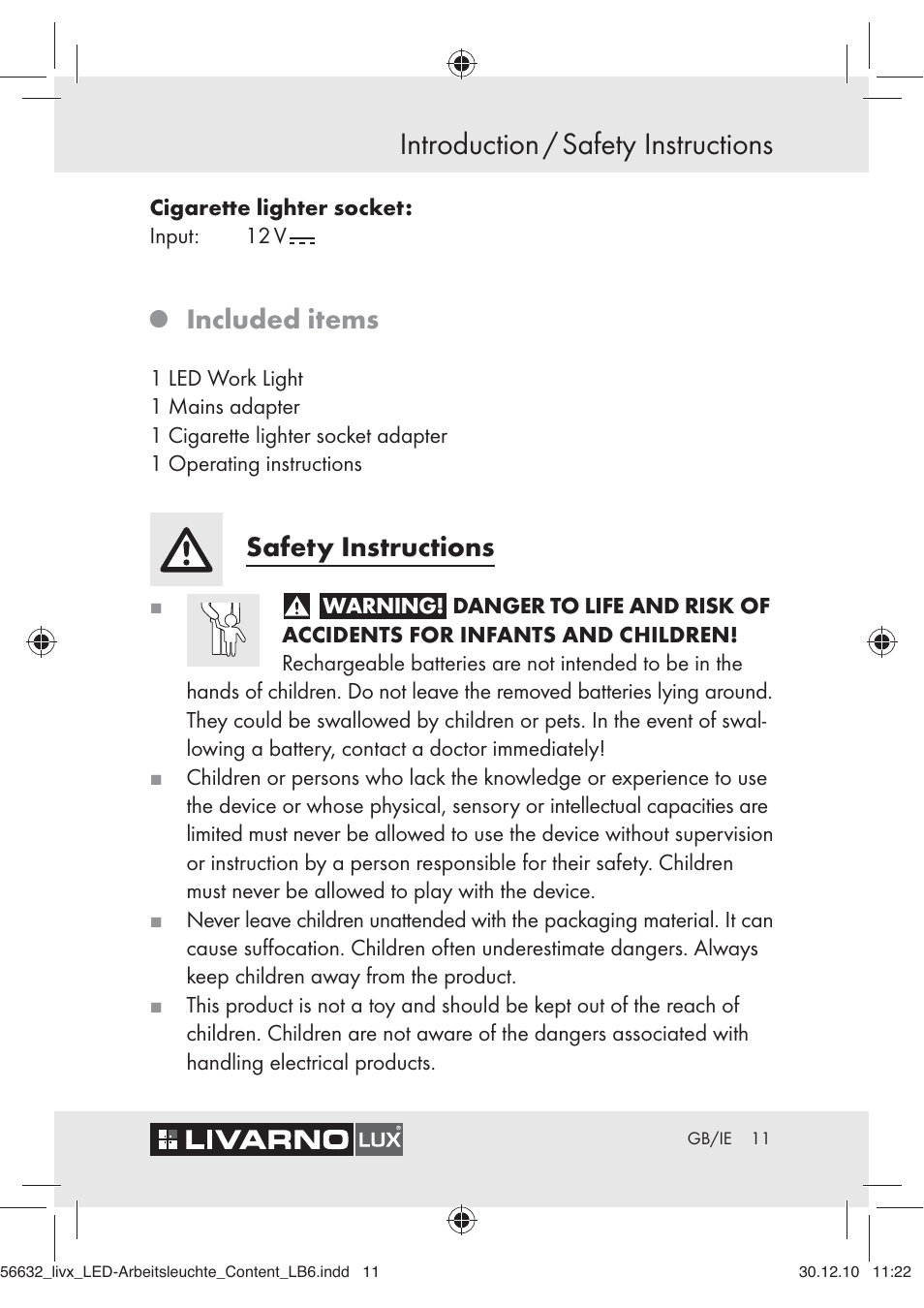 Introduction / safety instructions, Included items, Safety instructions | Livarno Z30503-BS User Manual | Page 9 / 16