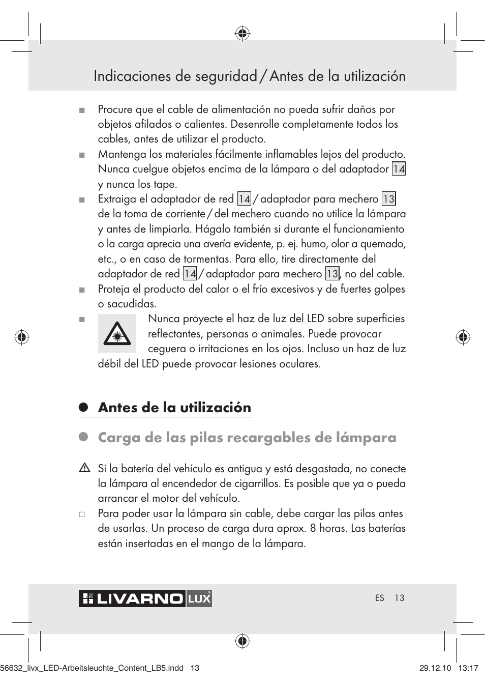 Antes de la utilización, Carga de las pilas recargables de lámpara | Livarno Z30503-BS User Manual | Page 11 / 62