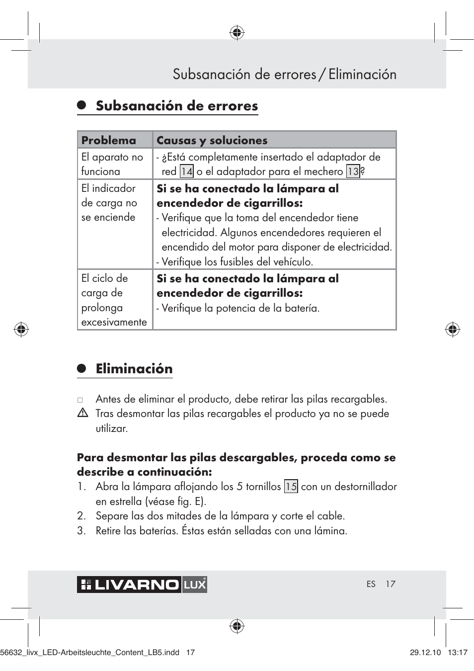 Subsanación de errores / eliminación, Subsanación de errores, Eliminación | Livarno Z30503-BS User Manual | Page 15 / 62