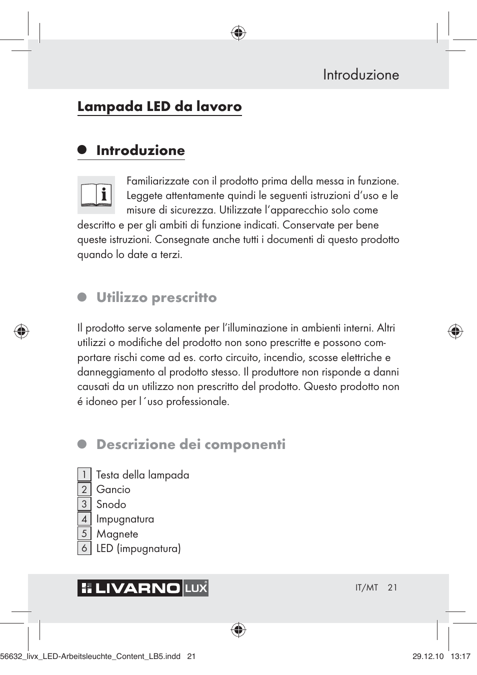 Introduzione, Lampada led da lavoro, Utilizzo prescritto | Descrizione dei componenti | Livarno Z30503-BS User Manual | Page 19 / 62