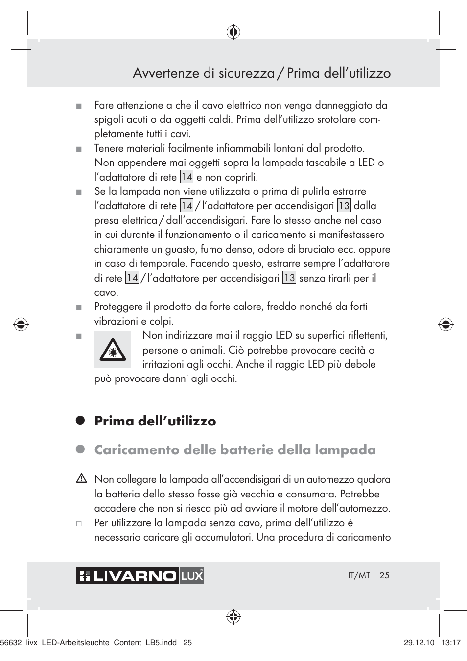 Avvertenze di sicurezza / prima dell’utilizzo, Prima dell’utilizzo, Caricamento delle batterie della lampada | Livarno Z30503-BS User Manual | Page 23 / 62