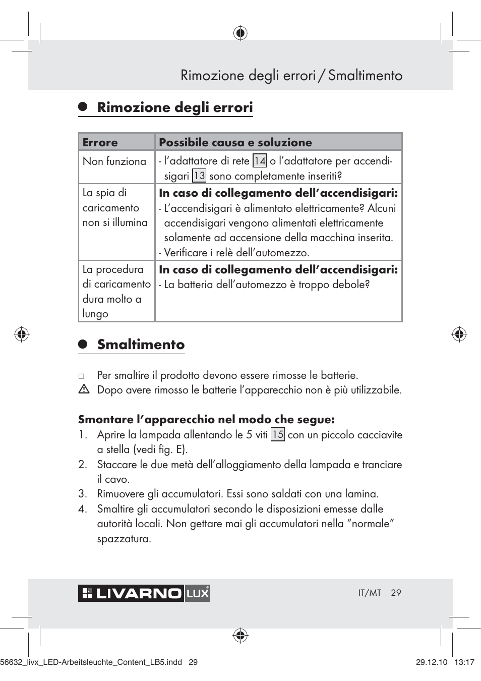 Rimozione degli errori / smaltimento, Rimozione degli errori, Smaltimento | Livarno Z30503-BS User Manual | Page 27 / 62