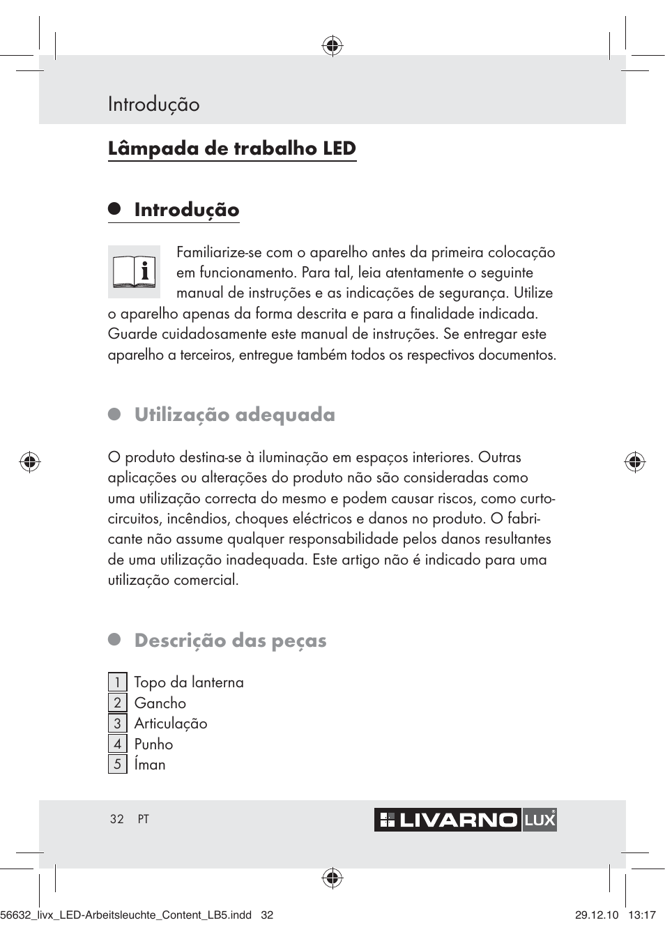 Introdução, Lâmpada de trabalho led, Utilização adequada | Descrição das peças | Livarno Z30503-BS User Manual | Page 30 / 62