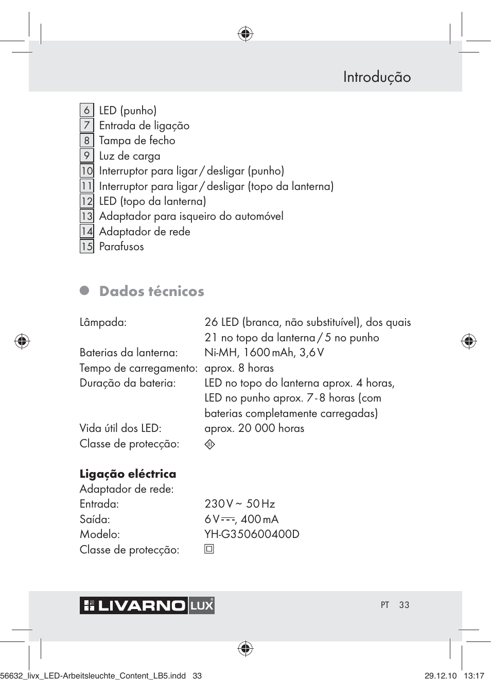 Introdução, Dados técnicos | Livarno Z30503-BS User Manual | Page 31 / 62