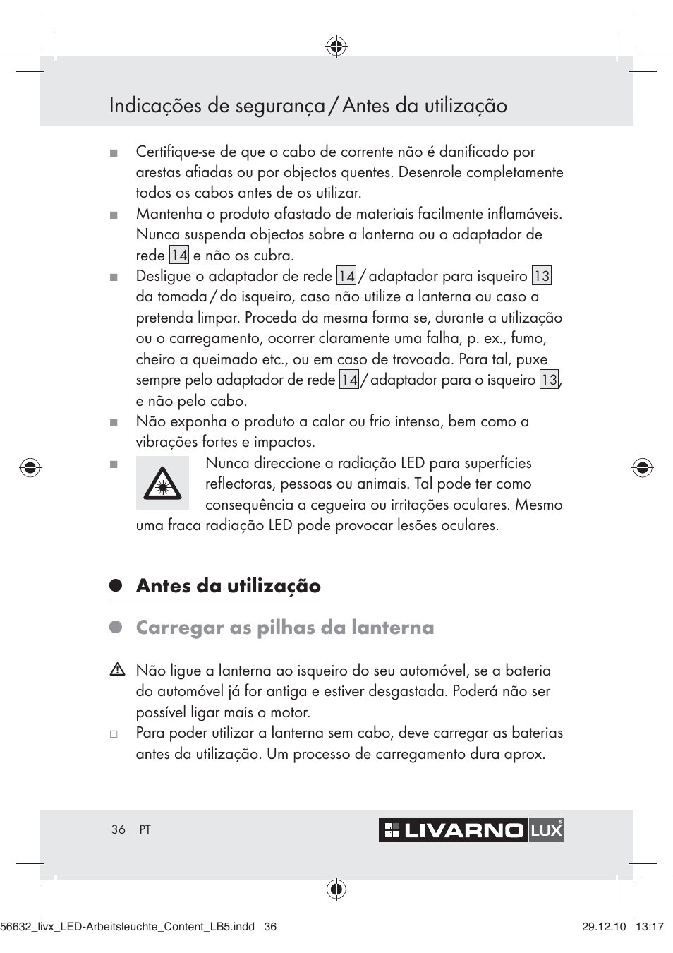 Indicações de segurança / antes da utilização, Antes da utilização, Carregar as pilhas da lanterna | Livarno Z30503-BS User Manual | Page 34 / 62