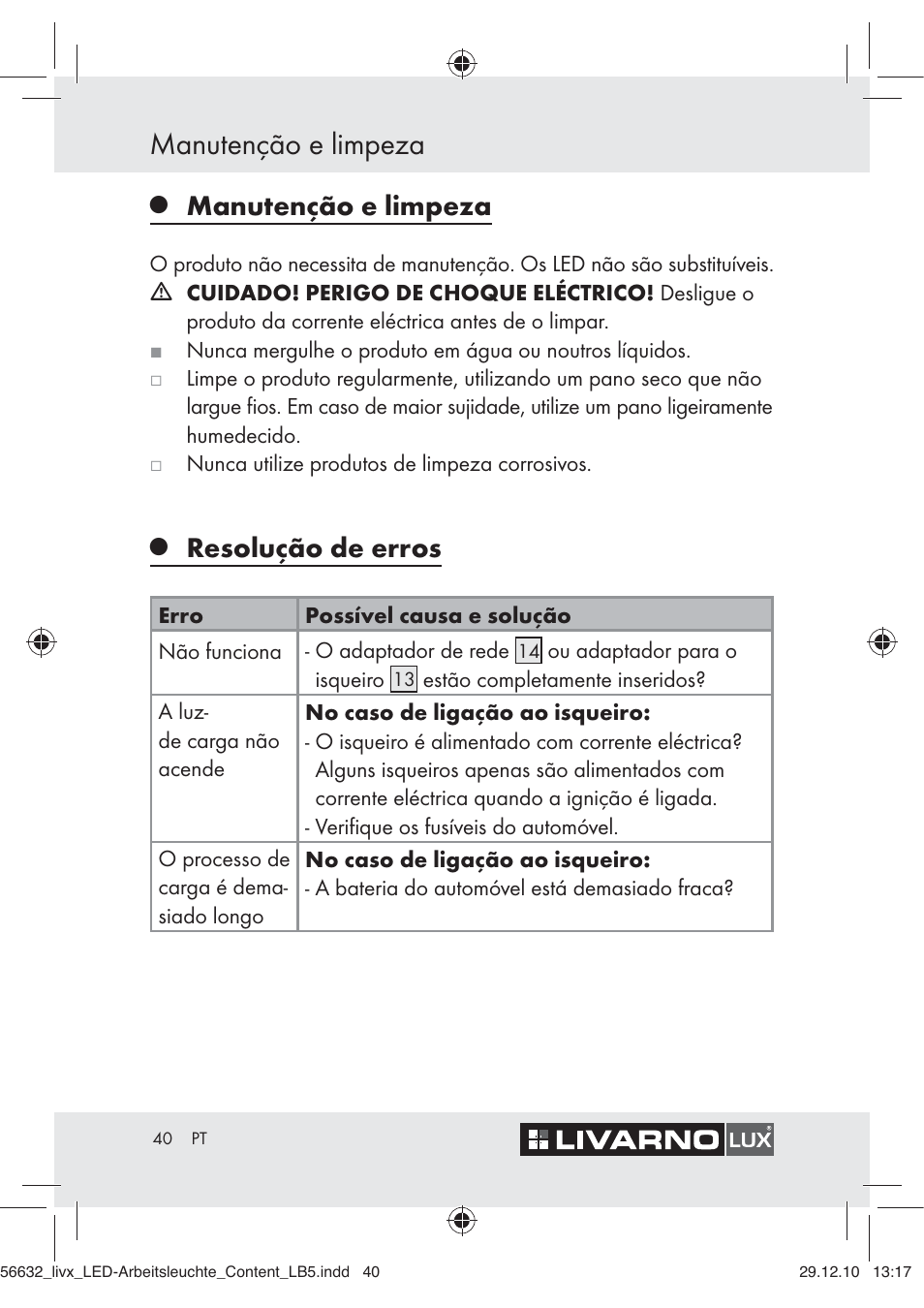 Manutenção e limpeza, Resolução de erros | Livarno Z30503-BS User Manual | Page 38 / 62