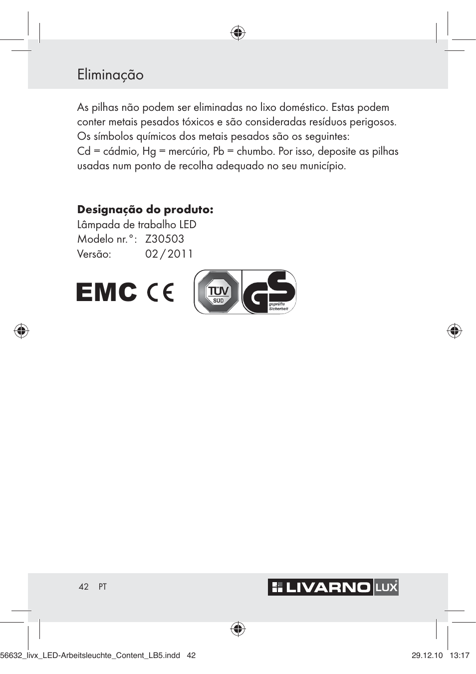 Eliminação | Livarno Z30503-BS User Manual | Page 40 / 62