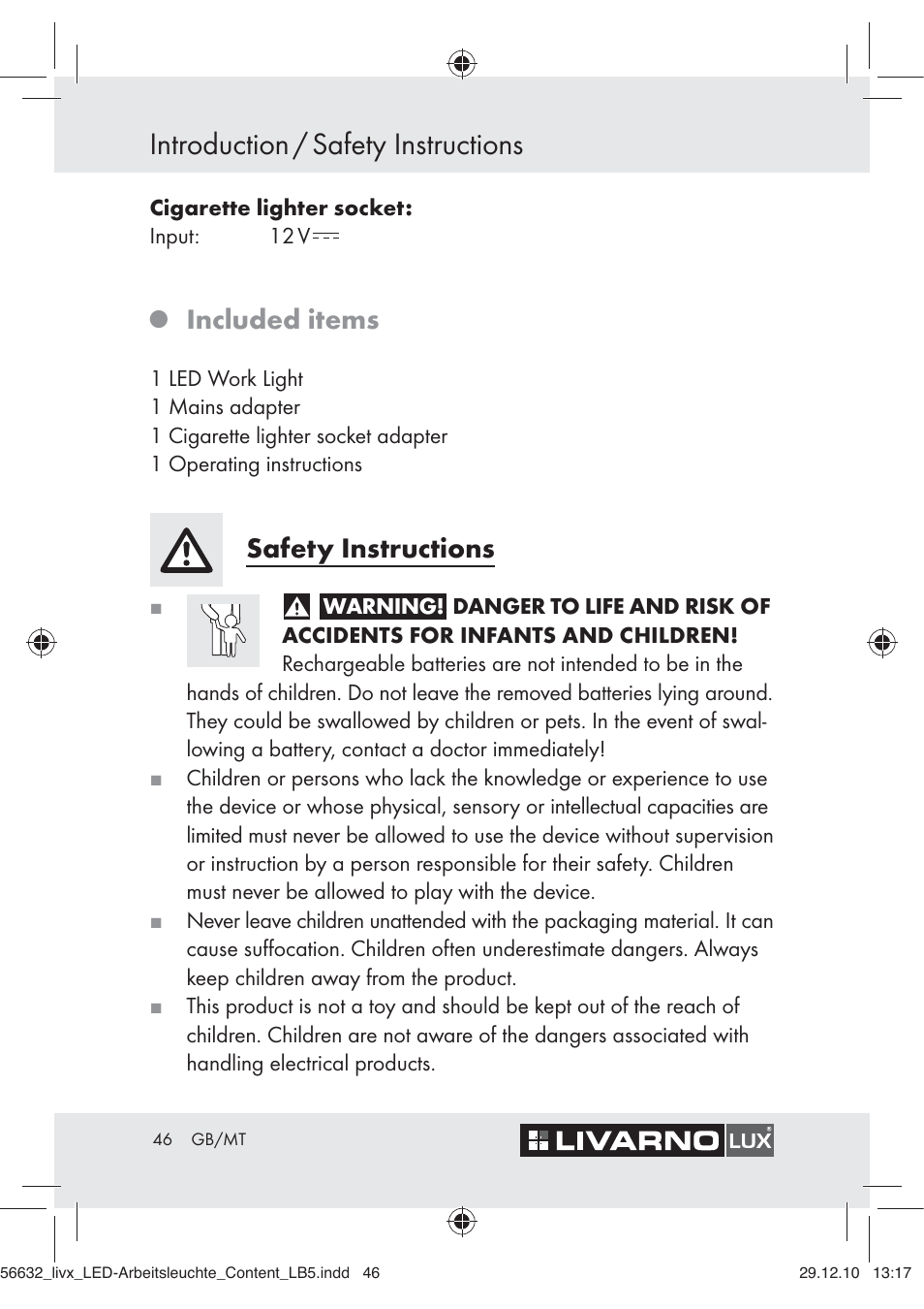 Introduction / safety instructions, Included items, Safety instructions | Livarno Z30503-BS User Manual | Page 44 / 62