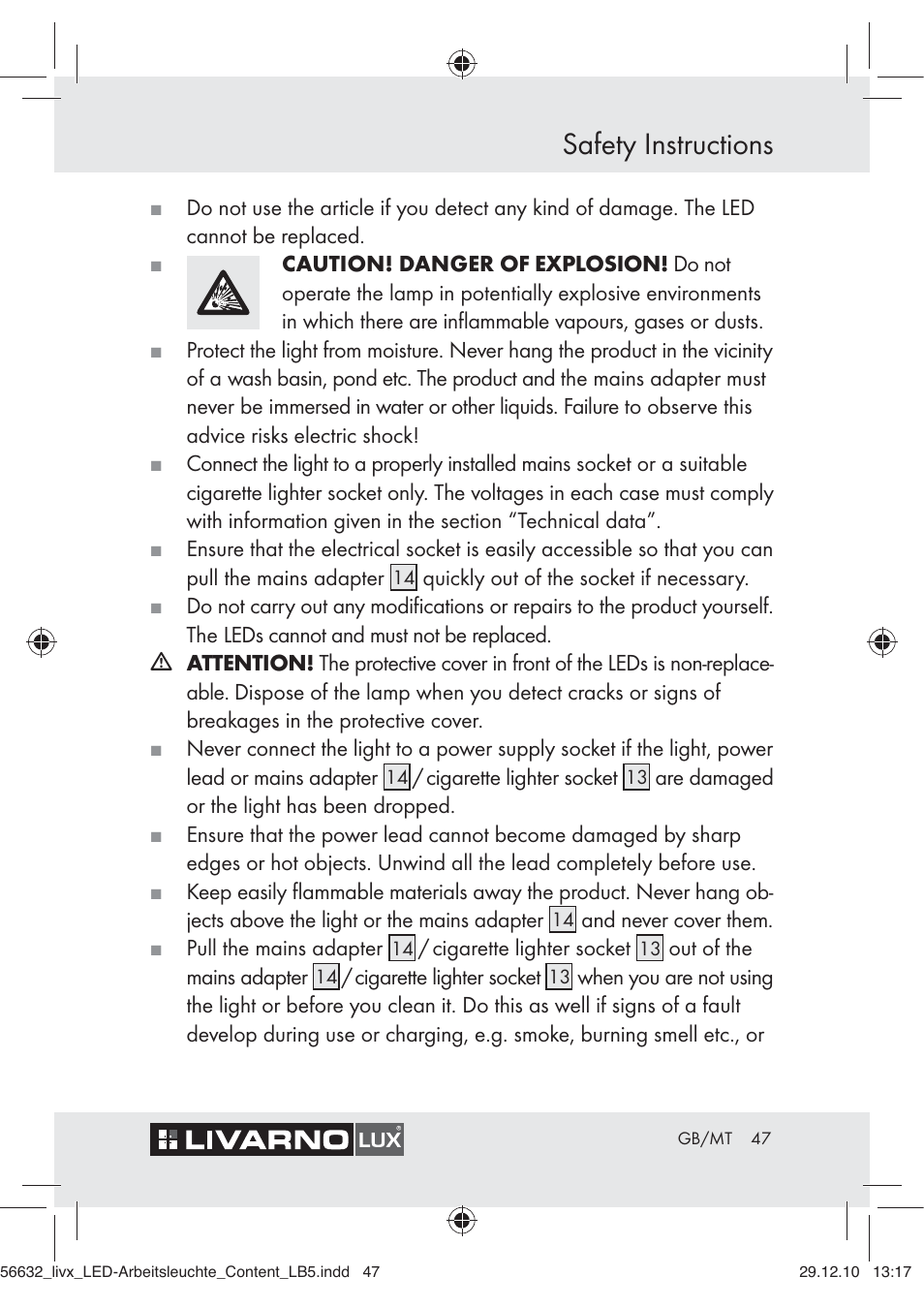 Safety instructions | Livarno Z30503-BS User Manual | Page 45 / 62