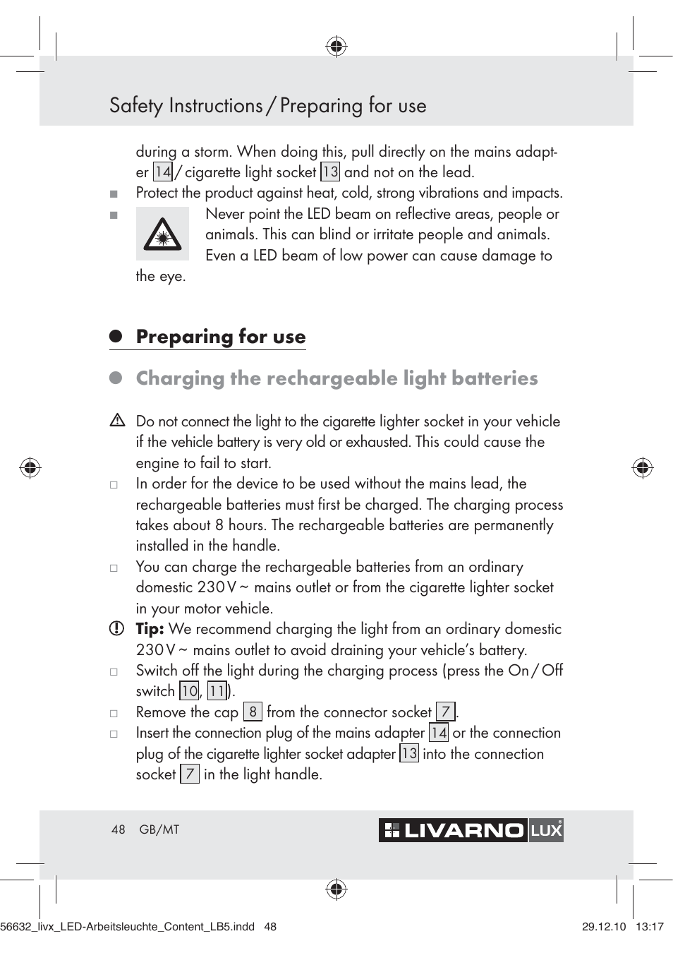 Safety instructions / preparing for use, Preparing for use, Charging the rechargeable light batteries | Livarno Z30503-BS User Manual | Page 46 / 62