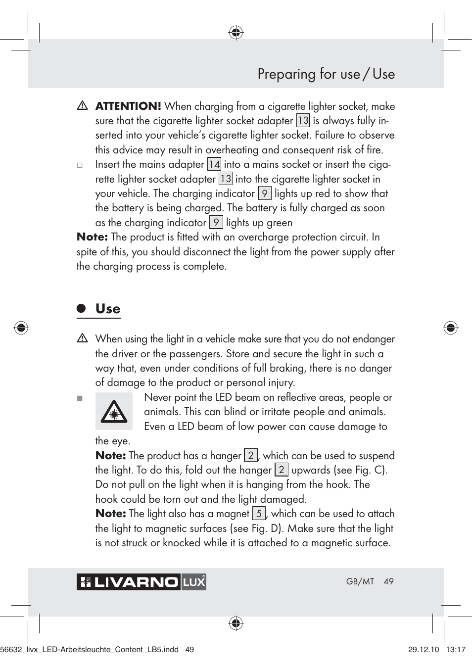 Preparing for use / use | Livarno Z30503-BS User Manual | Page 47 / 62