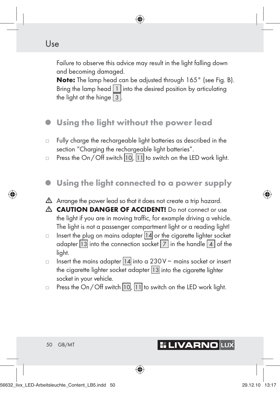 Using the light without the power lead, Using the light connected to a power supply | Livarno Z30503-BS User Manual | Page 48 / 62