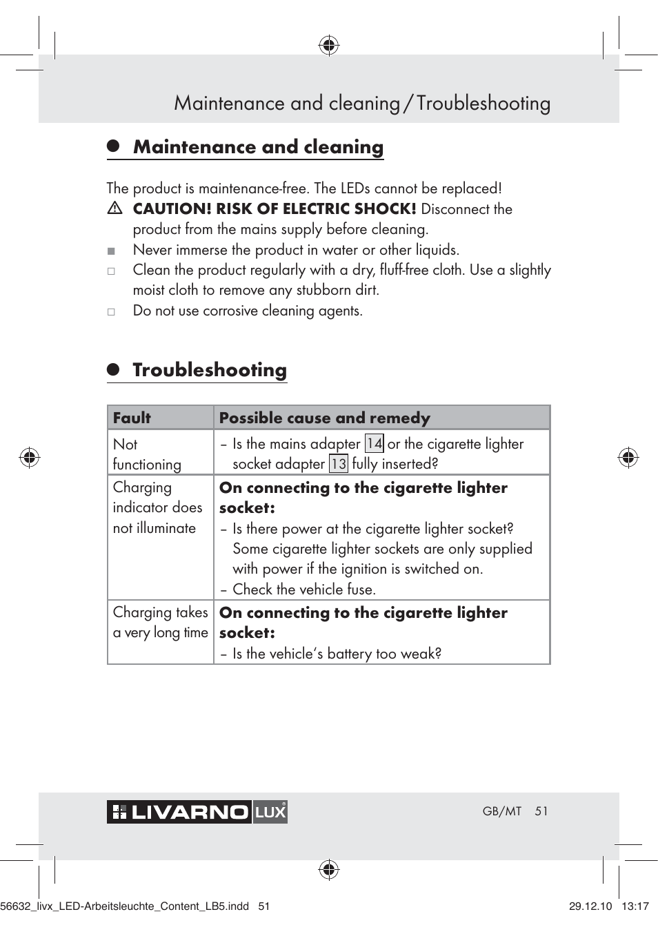 Maintenance and cleaning / troubleshooting, Maintenance and cleaning, Troubleshooting | Livarno Z30503-BS User Manual | Page 49 / 62