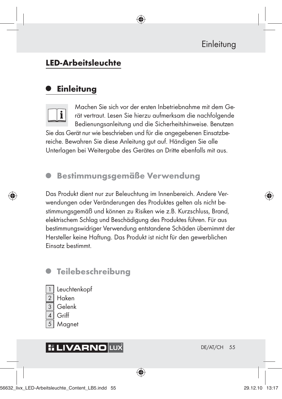 Einleitung, Led-arbeitsleuchte, Bestimmungsgemäße verwendung | Teilebeschreibung | Livarno Z30503-BS User Manual | Page 53 / 62