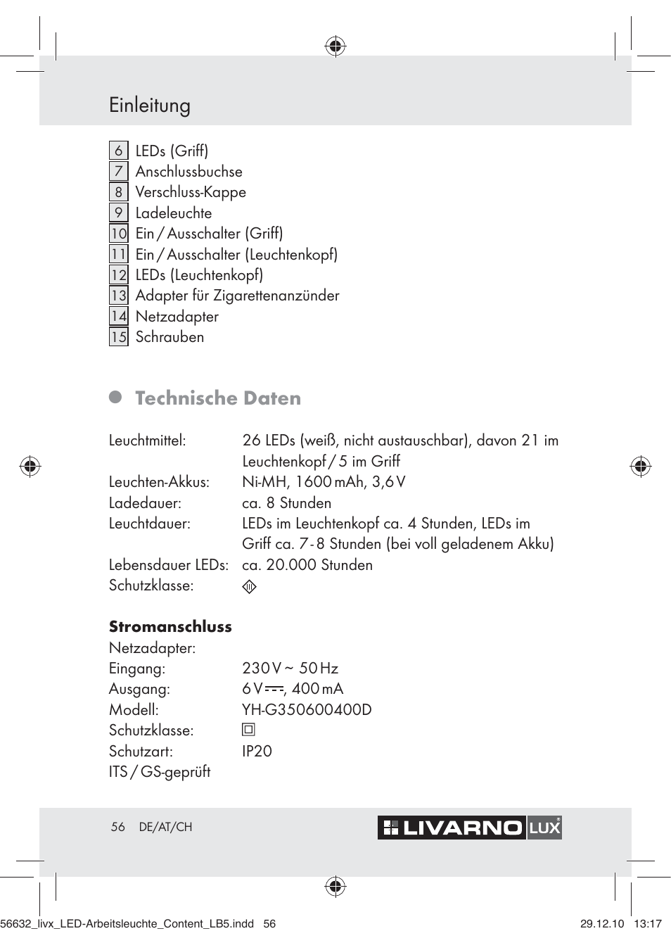 Einleitung, Technische daten | Livarno Z30503-BS User Manual | Page 54 / 62