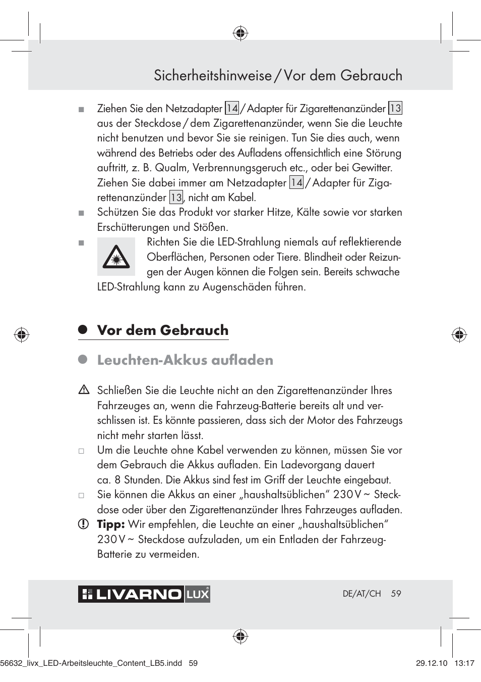 Sicherheitshinweise / vor dem gebrauch, Vor dem gebrauch, Leuchten-akkus auﬂaden | Livarno Z30503-BS User Manual | Page 57 / 62