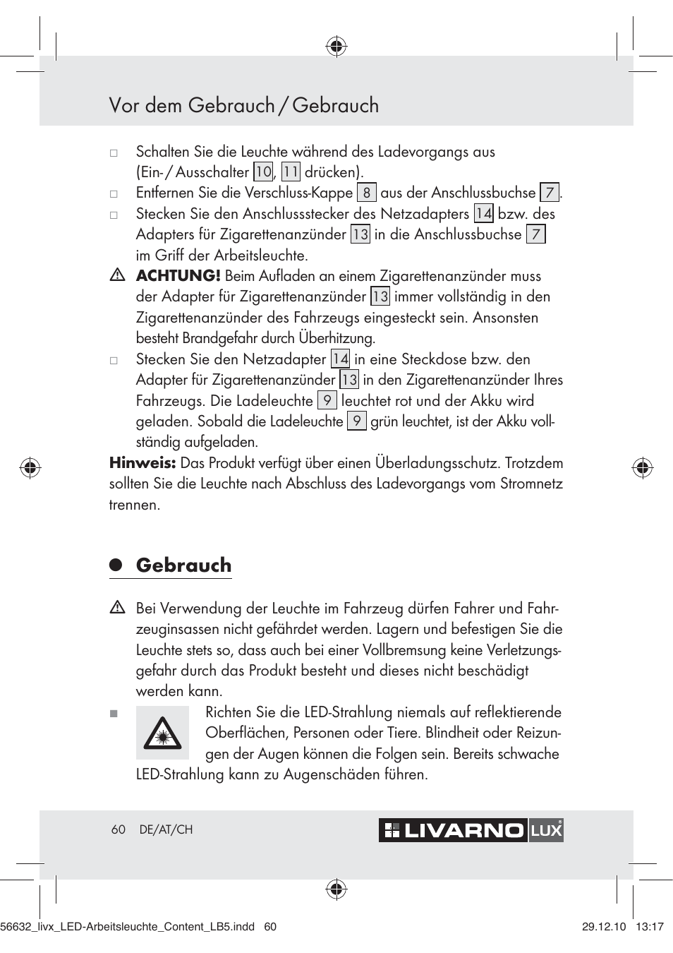 Vor dem gebrauch / gebrauch, Gebrauch | Livarno Z30503-BS User Manual | Page 58 / 62