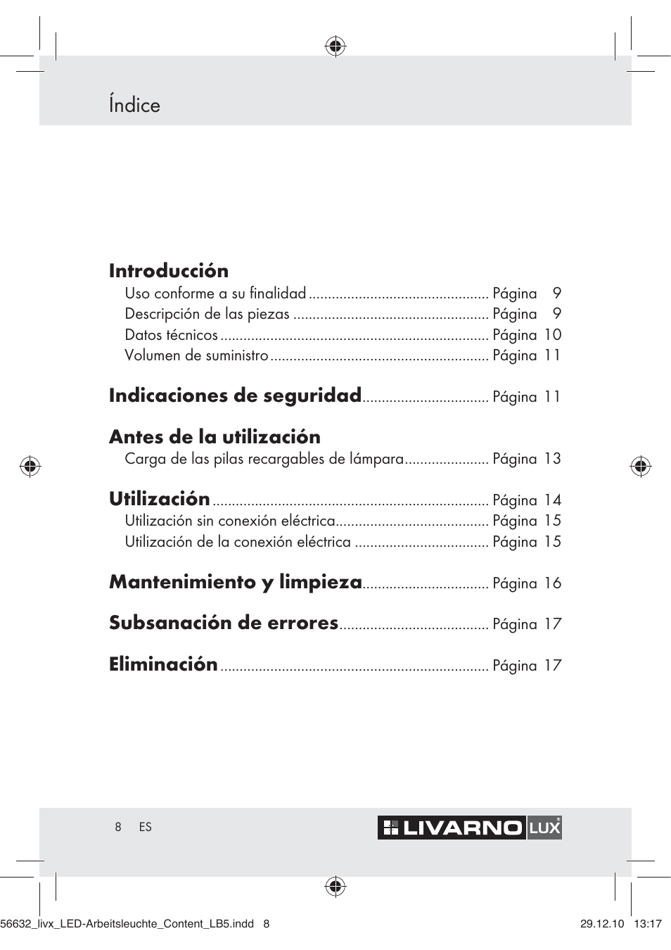 Índice, Introducción, Indicaciones de seguridad | Antes de la utilización, Utilización, Mantenimiento y limpieza, Subsanación de errores, Eliminación | Livarno Z30503-BS User Manual | Page 6 / 62