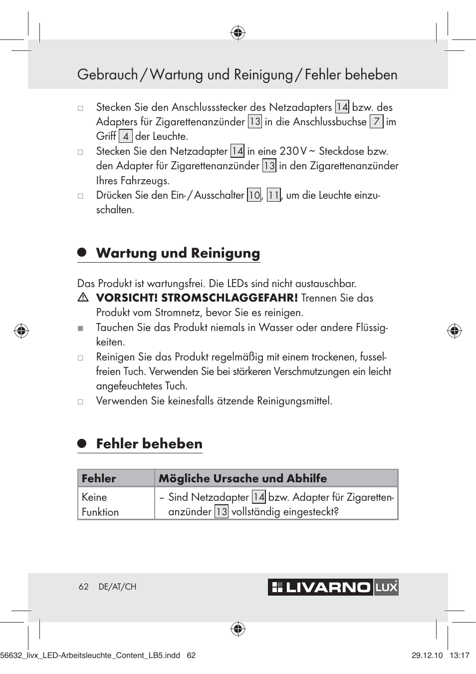 Gebrauch / wartung und reinigung / fehler beheben, Wartung und reinigung, Fehler beheben | Livarno Z30503-BS User Manual | Page 60 / 62