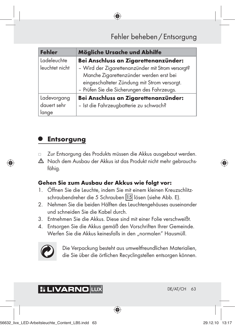 Fehler beheben / entsorgung, Entsorgung | Livarno Z30503-BS User Manual | Page 61 / 62