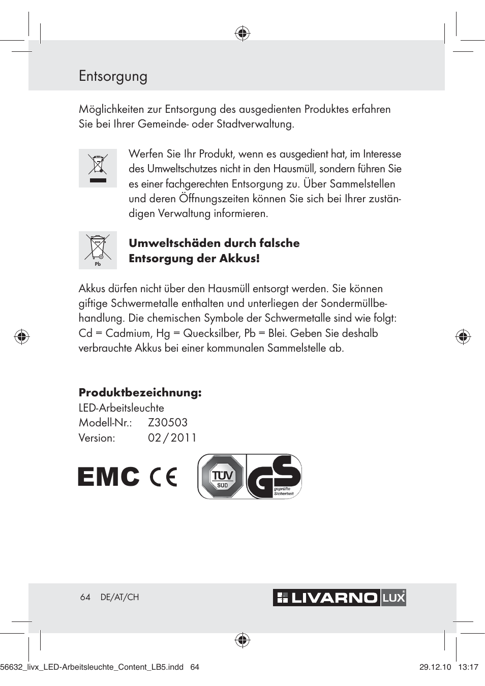 Entsorgung | Livarno Z30503-BS User Manual | Page 62 / 62