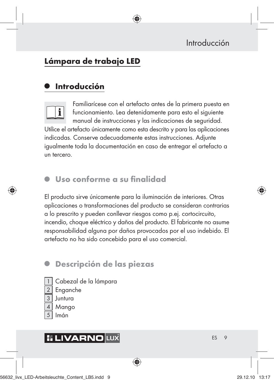 Introducción, Lámpara de trabajo led, Uso conforme a su ﬁnalidad | Descripción de las piezas | Livarno Z30503-BS User Manual | Page 7 / 62