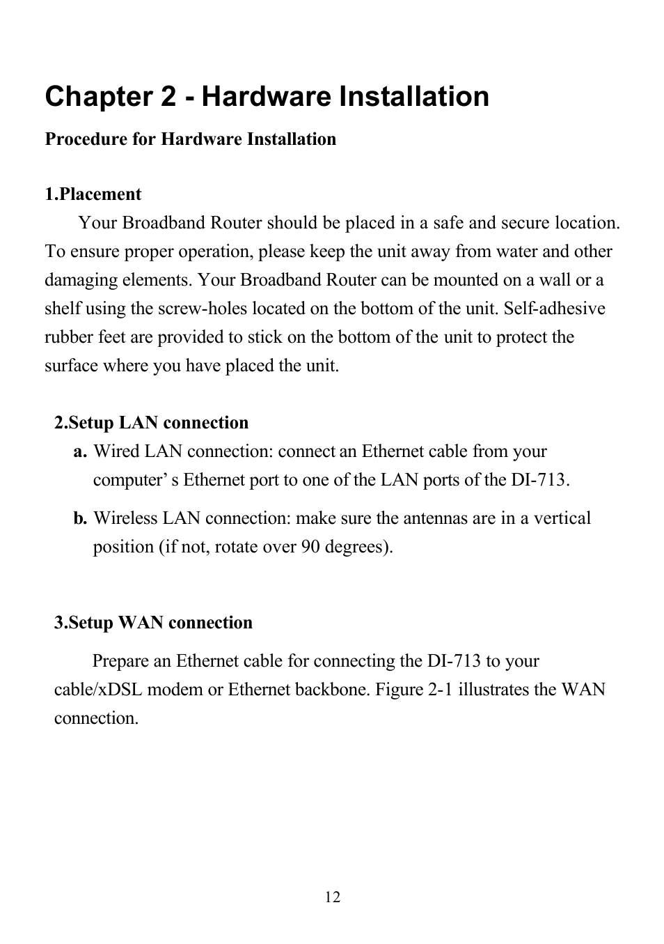 Chapter 2 - hardware installation | D-Link DI-713P User Manual | Page 12 / 80