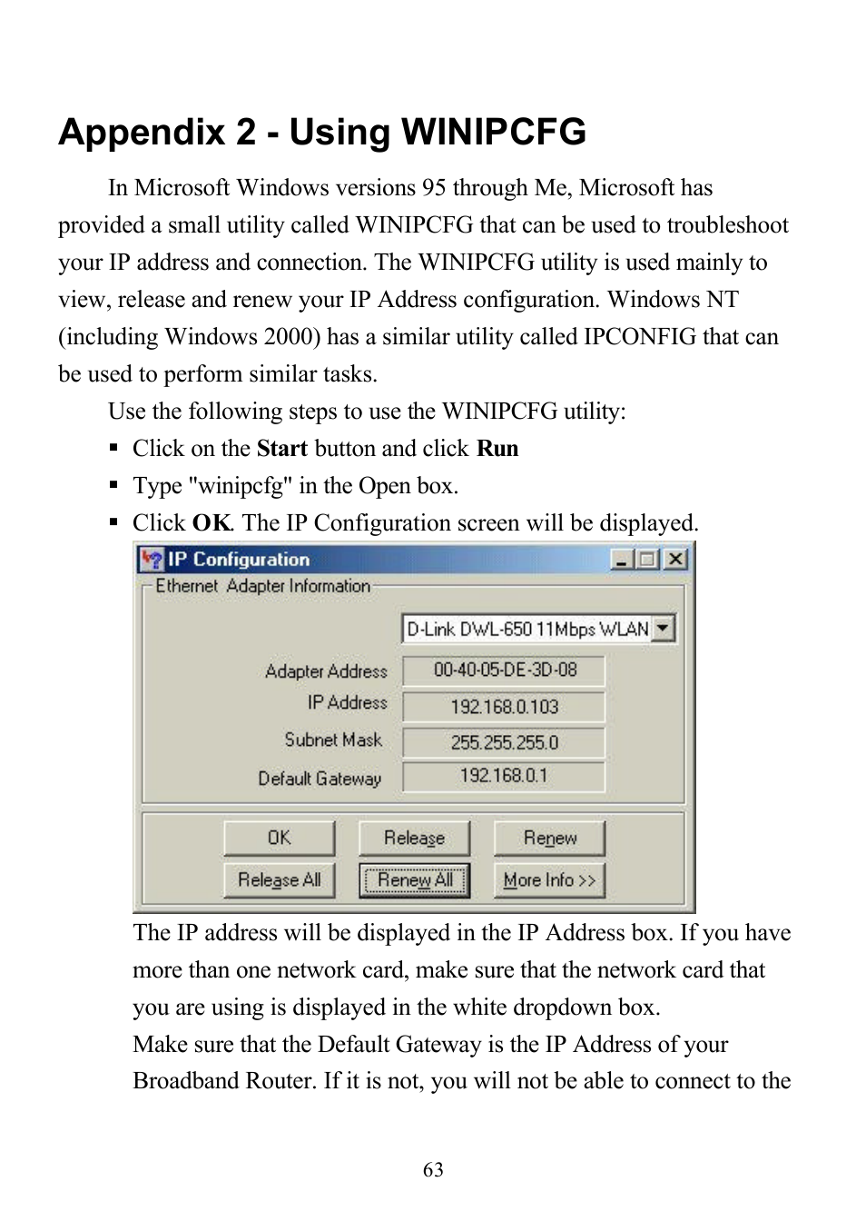 Appendix 2 - using winipcfg | D-Link DI-713P User Manual | Page 63 / 80