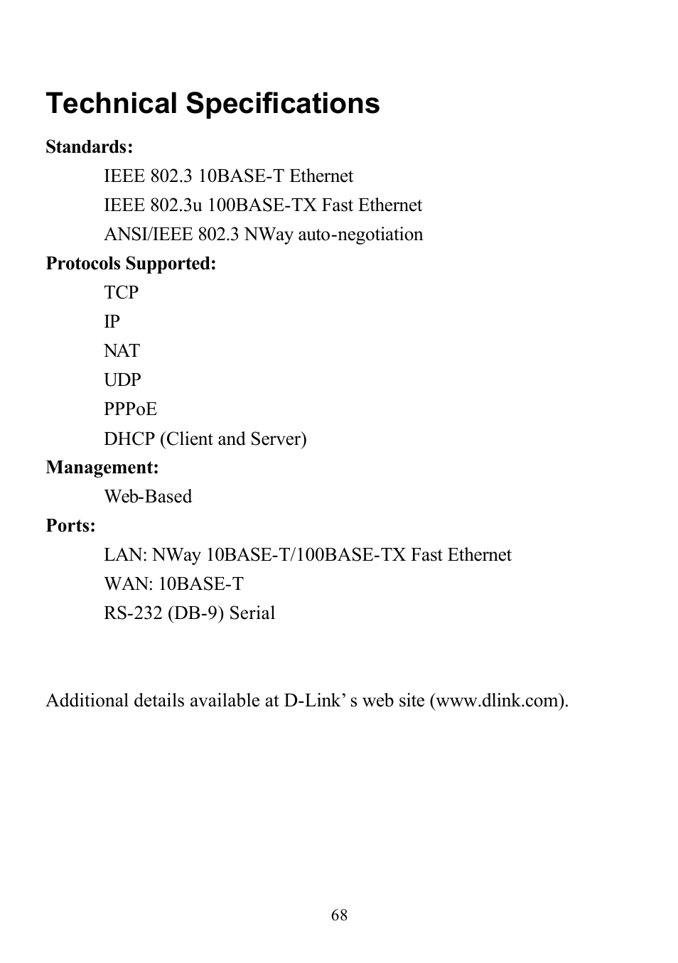 Technical specifications | D-Link DI-713P User Manual | Page 68 / 80