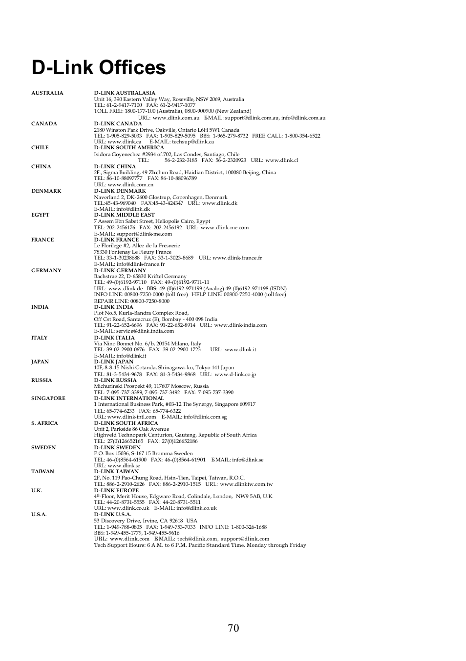 D-link offices | D-Link DI-713P User Manual | Page 70 / 80