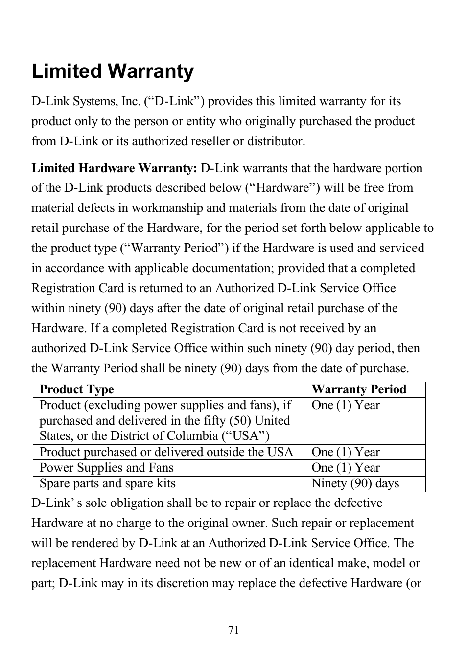 Limited warranty | D-Link DI-713P User Manual | Page 71 / 80