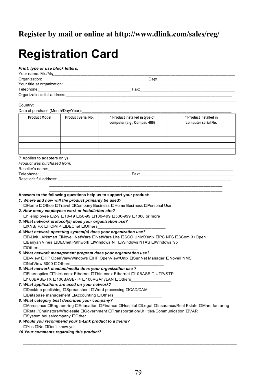 Registration card | D-Link DI-713P User Manual | Page 79 / 80