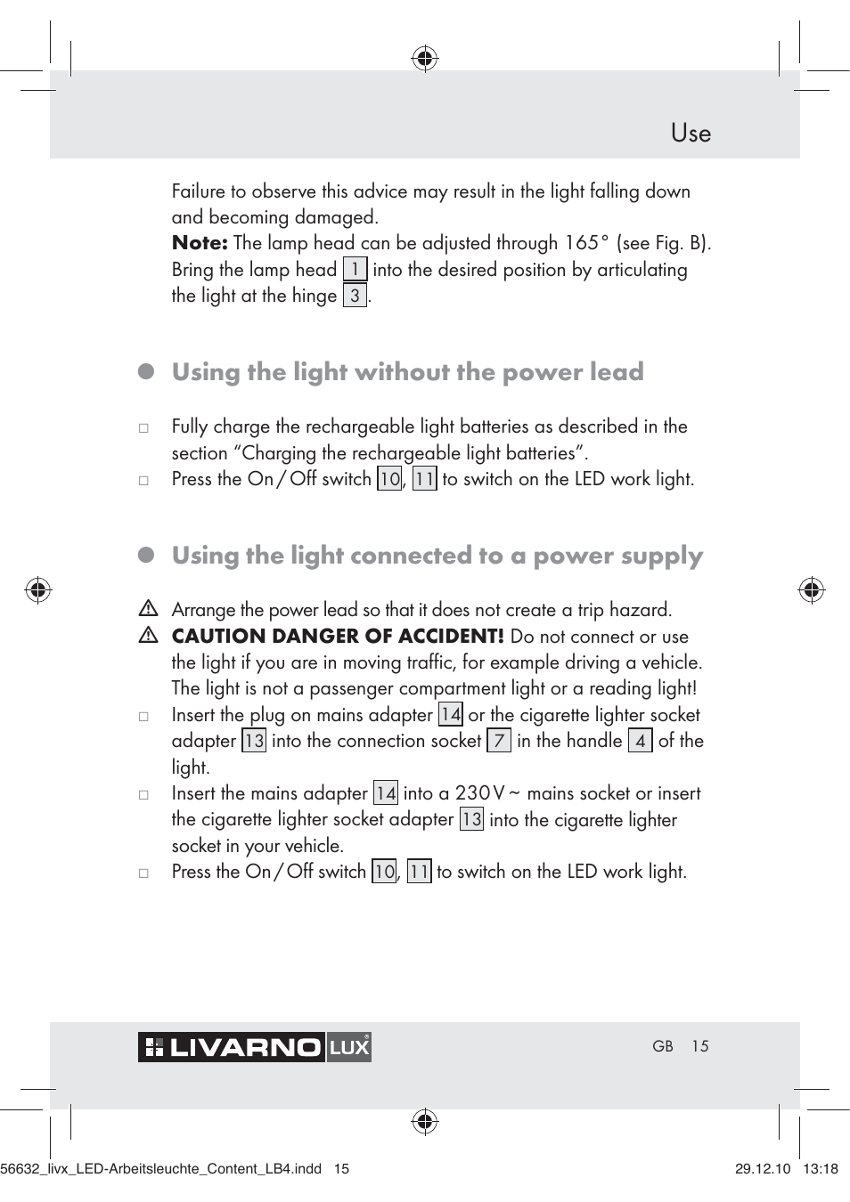 Using the light without the power lead, Using the light connected to a power supply | Livarno Z30503-BS User Manual | Page 13 / 82