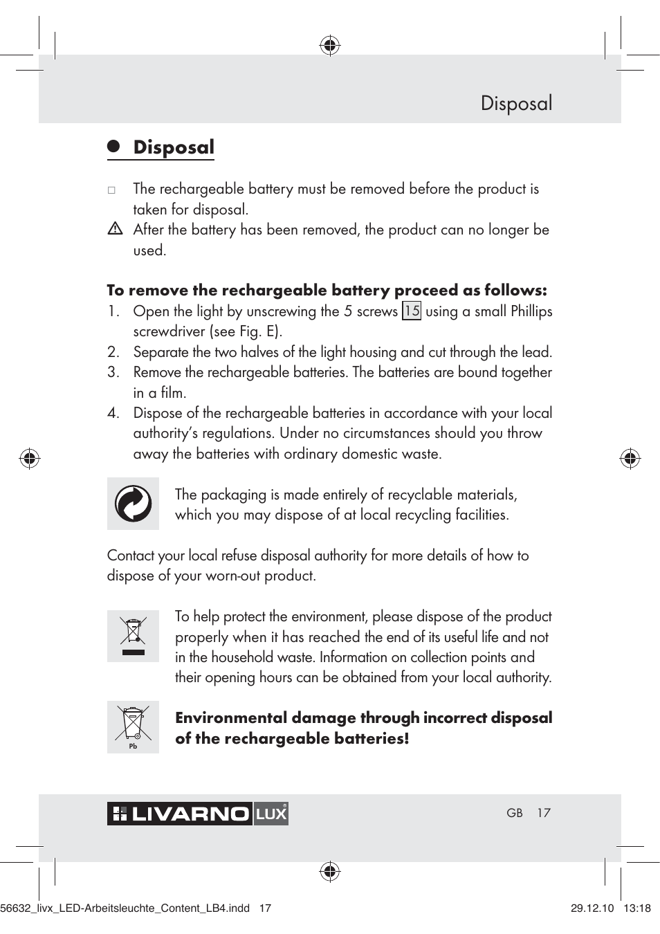 Disposal | Livarno Z30503-BS User Manual | Page 15 / 82