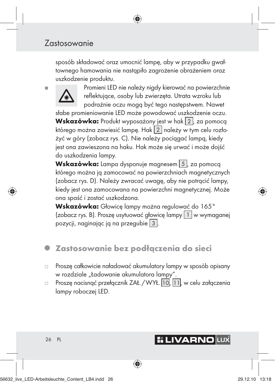 Zastosowanie, Zastosowanie bez podłączenia do sieci | Livarno Z30503-BS User Manual | Page 24 / 82