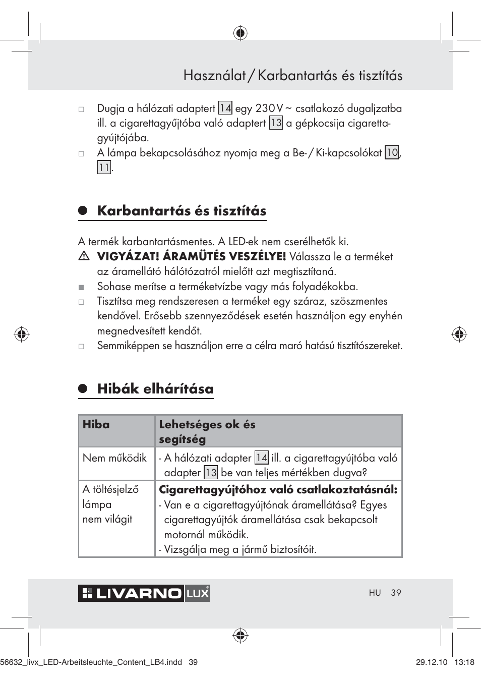 Használat / karbantartás és tisztítás, Karbantartás és tisztítás, Hibák elhárítása | Livarno Z30503-BS User Manual | Page 37 / 82