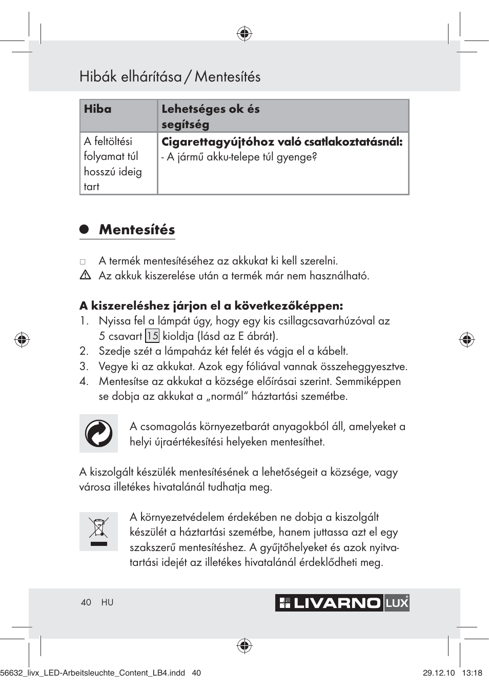 Hibák elhárítása / mentesítés, Mentesítés | Livarno Z30503-BS User Manual | Page 38 / 82