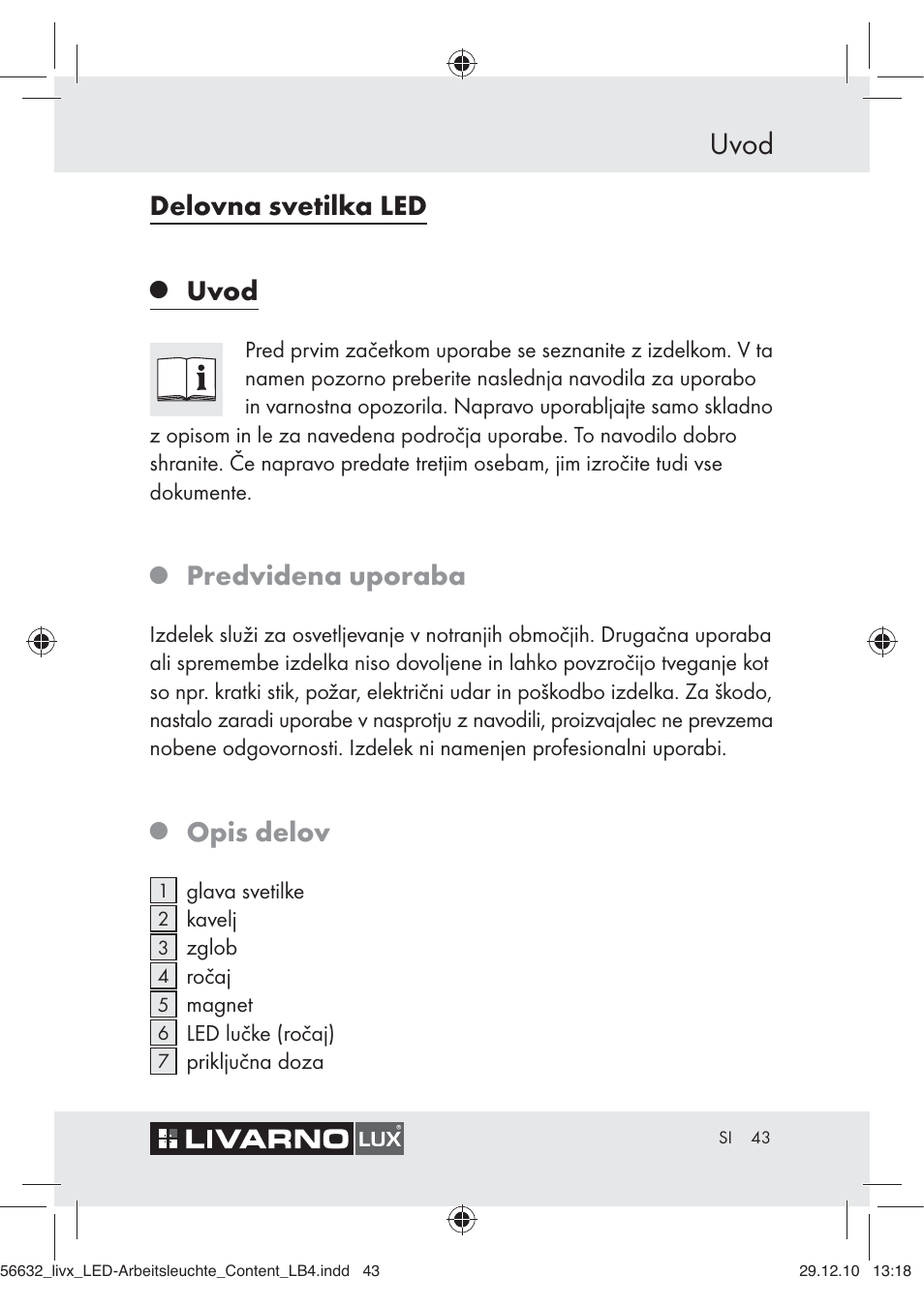 Uvod, Delovna svetilka led, Predvidena uporaba | Opis delov | Livarno Z30503-BS User Manual | Page 41 / 82