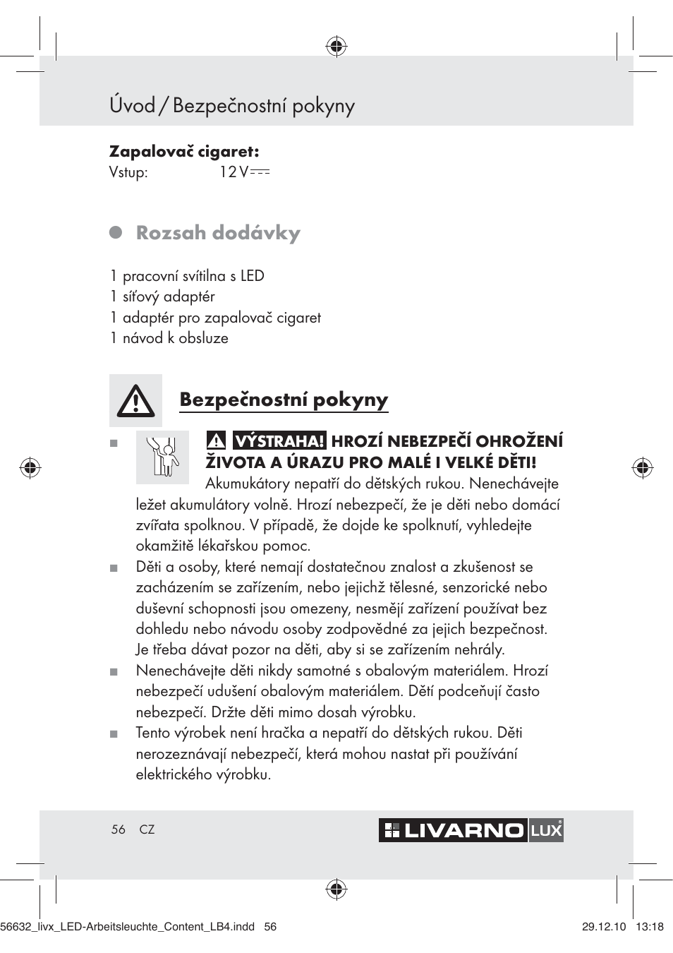 Úvod / bezpečnostní pokyny, Rozsah dodávky, Bezpečnostní pokyny | Livarno Z30503-BS User Manual | Page 54 / 82